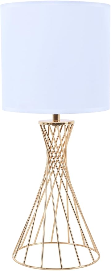 Gold Table Lamp, Nightstand Lamp, Small Cute Desk Lamp, Modern Bedside Lamp with White Fabric Shade, Metal Geometric Hollow Out Base Lamps for Living Room Bedrooms Kids Room