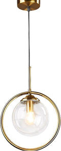 Pendant Light Modern Minimalist Hanging Lamp with Spherical Glass Shade and Brass Metal Ring Adjustable Height for Dining Room Bedroom Living Room (Clear)