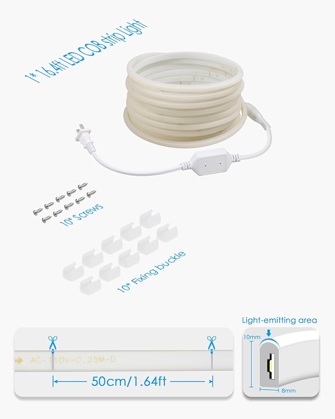 5M COB Led Strip Lights for Outdoor Waterproof LED Rope Lights 16.4ft Daylight White 6000K AC 110V ~120V Connectable Led Flexible COB Light for Indoor Ceiling Kitchen Cabinet Closet Cold White
