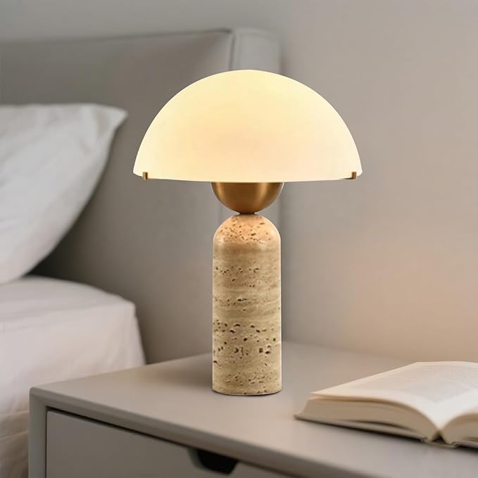 White Dome Table Lamp with Frosted Glass Shade, Mid-Century Modern Natural Stone Base Desk Lamp for Bedroom Nightstand, Scandinavian Bedside Light, 17.7 x 11.8 in
