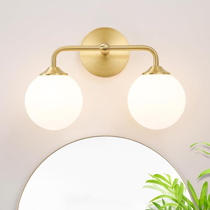 Modern Gold 2-Lights Bathroom Light Fixtures, Brass Vanity Light with Milky White Globe Glass Shade, Elegant Vanity Light Fixtures over Mirror, Wall Sconce Light for Bathroom, Mirror, Dressing Table