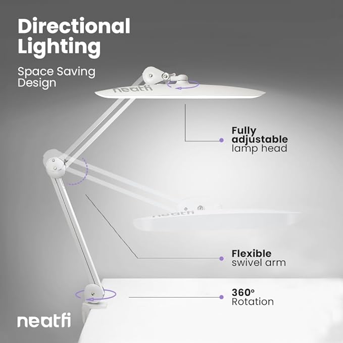 Neatfi XL 2,200 Lumens LED Desk Lamp with Clamp, 24W Bright Architect Task Lamp, 20 Inches Dimmable Computer Light, Adjustable Desk Light for Home, Office, Crafts, Nails & Hobbies (Non-CCT, White)
