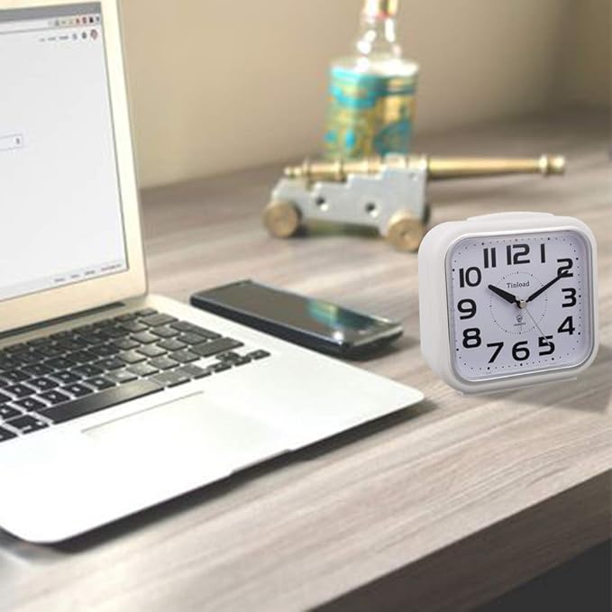 5.5" Large Analog Alarm Clock Silent Non Ticking, Gentle Wake, Beep Sounds, Increasing Volume, Battery Operated Snooze and Manual Light, Easy Set,White (Best for Elder)