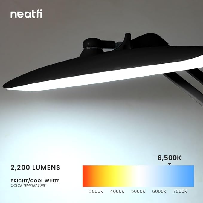Neatfi XL 2,200 Lumens LED Desk Lamp with Clamp, 24W Bright Architect Task Lamp, 20 Inches Dimmable Computer Light, Adjustable Desk Light for Home, Office, Crafts, Nails & Hobbies (Non-CCT, Black)
