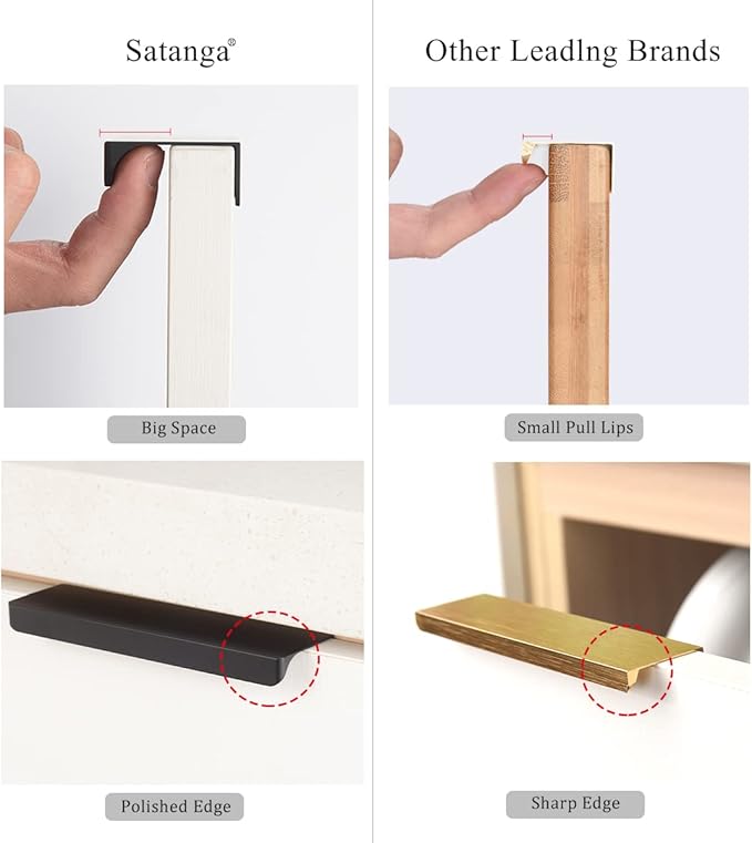 Satanga Edge Black Finger Pull for cabinets Kitchen Concealed Drawer pulls Aluminum Flat Hidden Back Mount Door Handle for Home Pack of 6 Modern 2-1/2" Hole Center Easy Installation