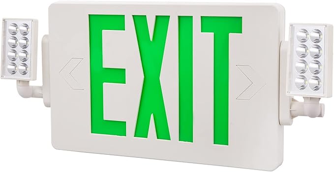 6 Pack Green Exit Signs with Emergency Lights, Two LED Adjustable Head Emergency Exit Light with Battery Backup,Hard Wired,UL Listed, AC 120/277V,Exit Sign Combo for Business