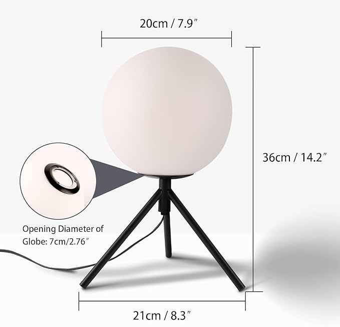 Modern Globe Table Lamp Milk White Glass Table Lamp Small Bedside Lamp Nightstand Lamp with Black Tripod Base Minimalist Ball Reading Desk Lamp for Bedrooom Living Room Office Study Room