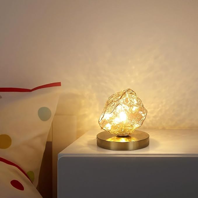 Meefad Modern Glass Table Lamp Ice Cubes Shaped Bedside Nightstand Lamp Small Decorative Night Light for Bedroom Living Room Amber Finish