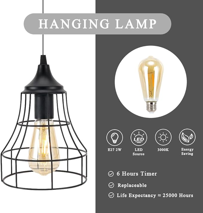 JHY DESIGN Hanging Lamp Black Battery Powered Decorative Pendant Lamp Metal Cage Battery Lamp with 6 Hours Timer for Bar Bedroom Garden Parties Patio Indoor Outdoor Living Room(Geometry)
