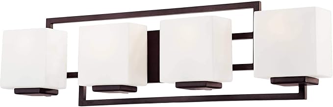 Possini Euro Design Lighting on The Square Modern Wall Mount Light Bronze Metal Hardwired 29" Wide 4-Light Fixture Geometric Opal Glass Shades for Bathroom Vanity Mirror House Home Room Decor