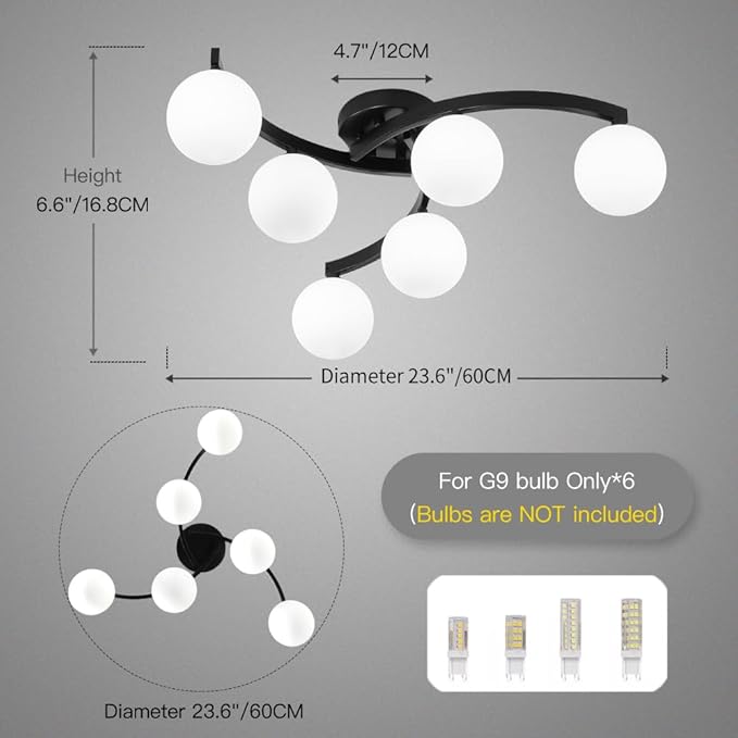 Mid Century Glass Globe Semi Flush Mount Ceiling Light Fixture,Modern 6 Light Sputnik Black Metal Chandelier for Dining Room Bedroom Kitchen Living Room Office Lighting
