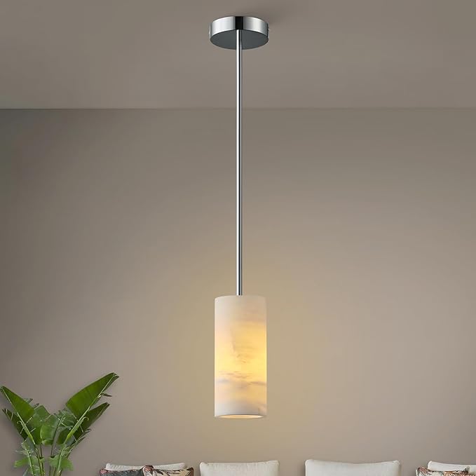 Alabaster Pendant Lights Kitchen Island, Nickel Hand Carved Alabaster Cylinder Pendent, Spanish Natural Marble Light Pendant for Bedroom Bathroom Dining Room Living Room