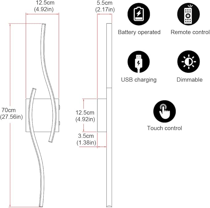 Battery Operated Wall Sconce Set of 2, Gold USB Rechargeable Wall Sconces, Dimmable Cordless Battery Wall Sconces with Remote Control, LED Wireless Lighting for Living Room Hallway Bedroom, 27.56in