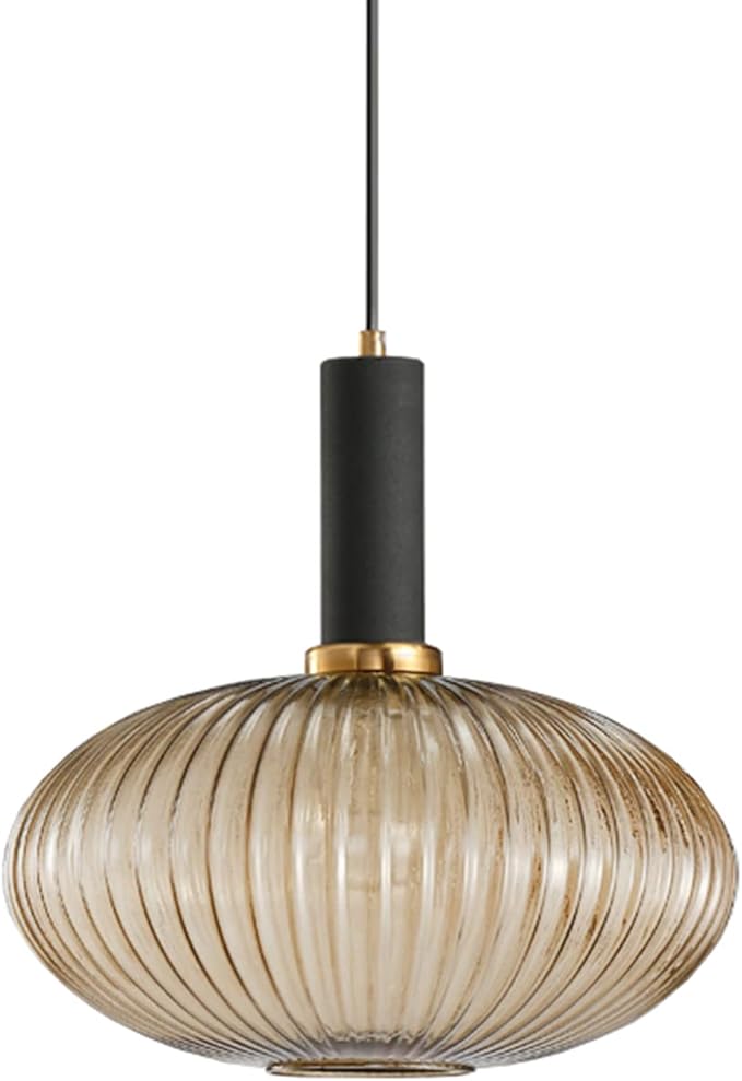 Pendant Light Black Lamp Holder and Glass Striped Light Shade Modern Pendant Lighting for Kitchen Island Farmhouse Hanging Lights Fixtures (L, Amber)