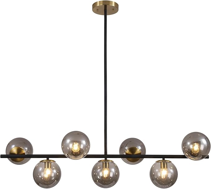KCO Lighting Black and Gold Linear Kitchen Pendant Lighting Mid Century Modern Chandelier 7-Light Smoke Glass Globe Round Chandelier Vintage Long Dining Room