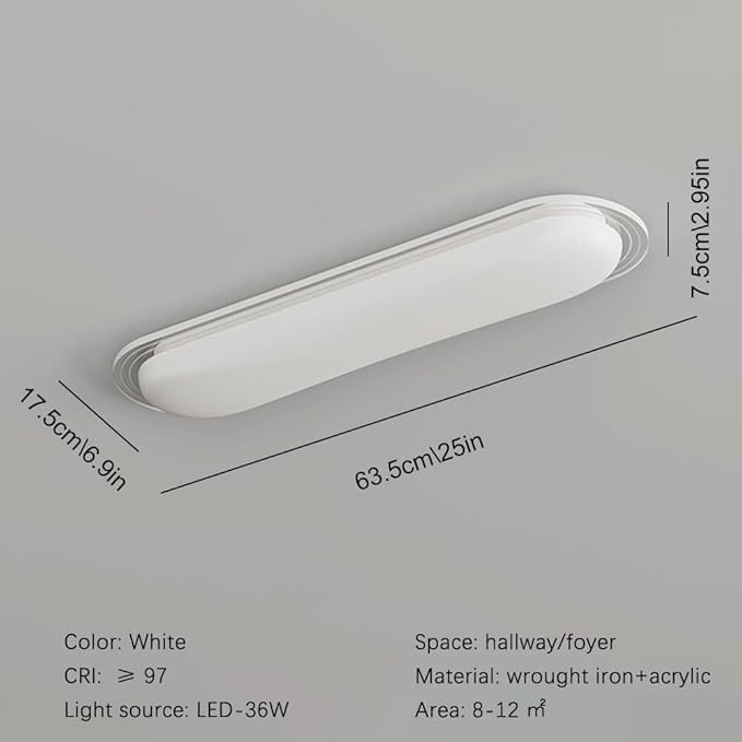 Modern LED Flush Mount Ceiling Light, White Oblong Acrylic Iron Fixture, Dimmable Tri-Color Panel Light for Hallway Entryway Corridor Bedroom Kitchen Lighting