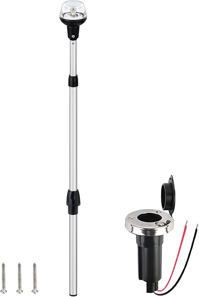 Telescoping Stern Light Anchor Light LED Extension Boat Navigation Lights Pole with Base USCG 2 NM All Round White Detachable Plug in 10-30 Volts From 29 to 43 Inches