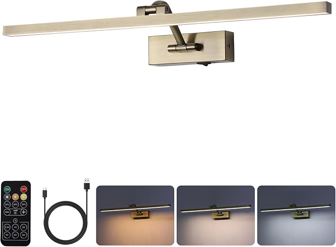 10000mAh Picture Light Battery Operated,23.6In Antique Bronze Wireless Rechargeable Picture Light 3 Colors Dimmable Art Light with Remote Timer for Paintings,Gallery