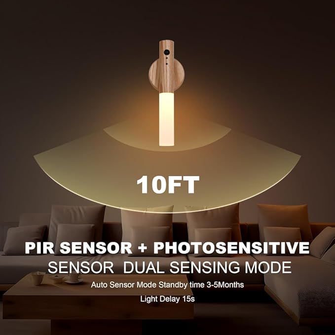 LANDGOO Motion Sensor Night Light RGB & Touch Control | USB-C Rechargeable Ash Wood Wall Sconce | Bathroom/Bedroom Light for Hallway, Stairs, Nursery, Closet, Vanity, Party