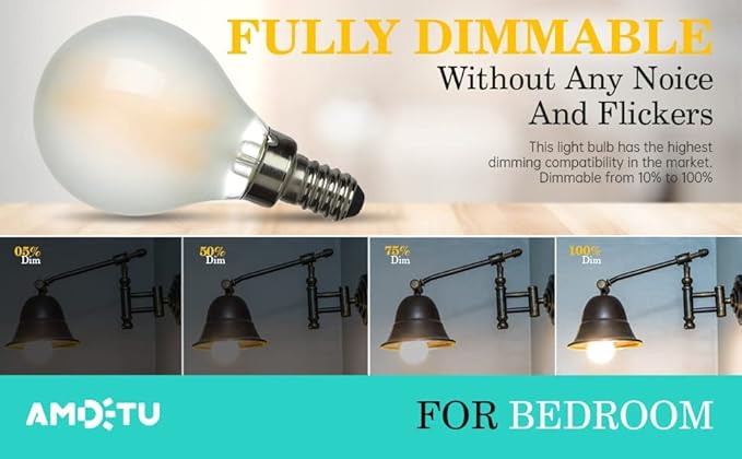 AMDTU E12 LED Bulb 2700K Warm White Dimmable Frosted Globe Edison Small Frosted Glass Soft Light 40W Equivalent Eye Comfort for Dining Chandelier Vanity Indoor Use