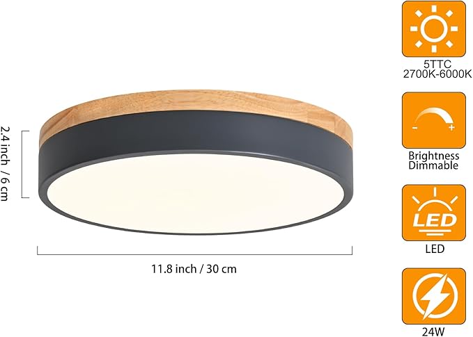 Dimmable Wood LED Flush Mount Ceiling Light, 5CCT 2700K-6000K Modern Round Close to Ceiling Lighting Fixtures, Minimalist Grey Ceiling Lamp for Bedroom, Kitchen, Laundry Room, Hallway