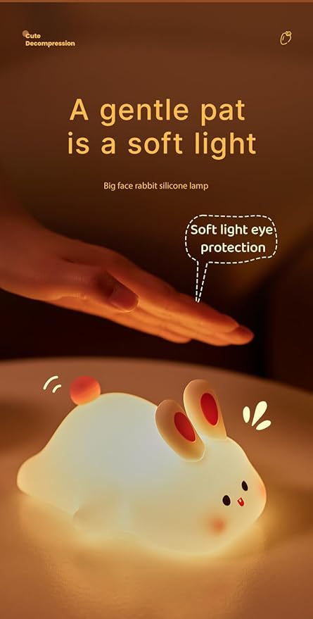 ATSUI Rabbit Night Light, LED Squishy Novelty Animal Night Lamp, Food Grade Silicone 3 Level Dimmable Nursery Nightlight for Desk Decor, Funny Gifts Stuff for Boys Girls Baby, White Elephant Gifts