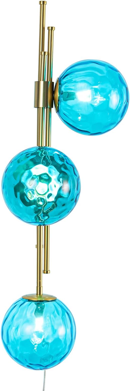 Modern Plug in Wall Sconce with Blue Hammered Glass Shade Gold Wall Light Fixtures for Bedroom Living Room Hallway