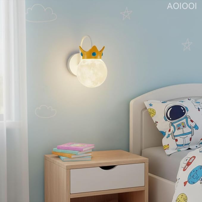 Crown Moon Wall Sconce Lighting, Kids Room Wall Lamp, Modern Decorative G9 Moon Globe Wall Lamp,Aesthetic Home Decor for Nursery Bedroom Bedside, Milk Coffee Color Wall Mount Light Fixture