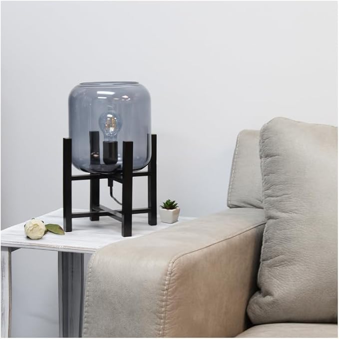 Renaissance Rhapsody Black Wood Mounted Table Lamp with Smokey Glass Cylinder Shade, Contemporary Design with Geometric Base