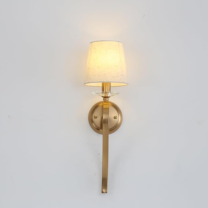 Set of 2 Gold Wall Sconce Light Fixtures, 1-Light Mid Century Modern Vanity Lighting with Conical Fabric Shade, Graceful Curved Iron Arm, Crystal Accent, Indoor Classic Wall Mounted Lamps (Beige)