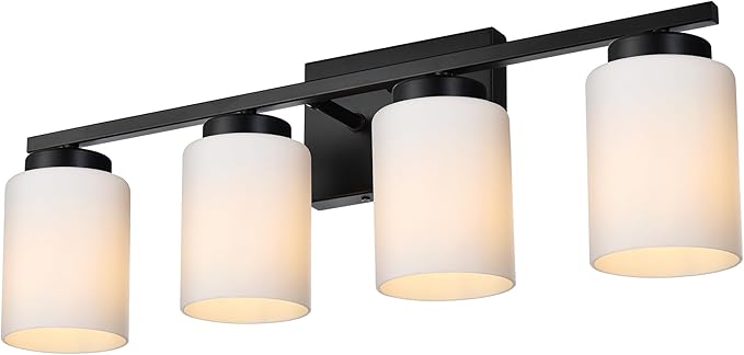 VINLUZ Bathroom Vanity Lights, 4-Light Classic Wall Sconce Lighting Fixtures Matte Black Finish with Milky White Frosted Glass Shades for Bedroom Cabinet Stairs