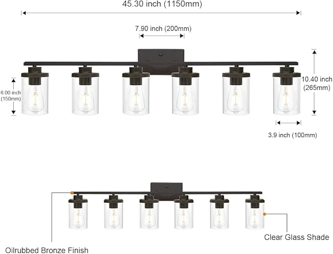 Farmhouse Vanity Lighting Fixtures Oil Rubbed Bronze 6 Light with Glass Shade Bathroom Light Fixture Industrial Wall Sconces for Kitchen Living Room Hallway