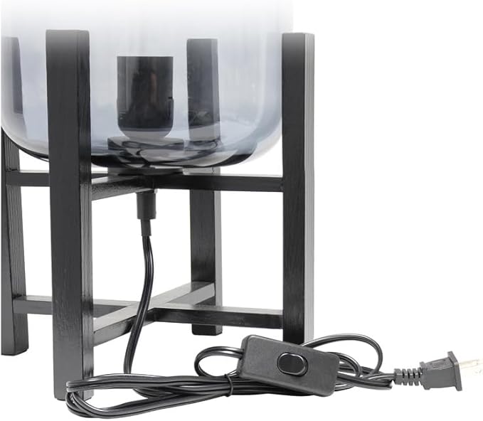 Renaissance Rhapsody Black Wood Mounted Table Lamp with Smokey Glass Cylinder Shade, Contemporary Design with Geometric Base