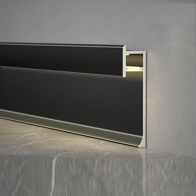 12Pcs LED Aluminium Metal Baseboard Trim, Matte Black 75mm x 2500mm 2.95" x 8.2' Total 98.4 ft LED Light Aluminum Wall Base Board Cover Molding Skirting Trim, Embedded Mount Down Light B Style