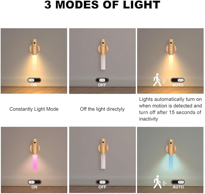 LANDGOO Motion Sensor Night Light RGB & Touch Control | USB-C Rechargeable Ash Wood Wall Sconce | Bathroom/Bedroom Light for Hallway, Stairs, Nursery, Closet, Vanity, Party