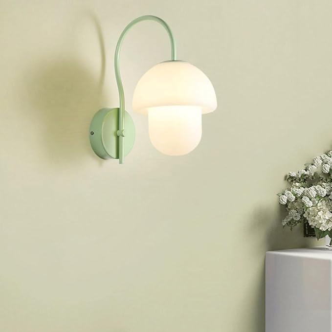 Modern Mushroom Wall Sconce with Frosted Glass Shade, Green Metal LED Wall Lamp for Bedroom Living Room Kids Room, Cozy Ambient Light, 13.4" H