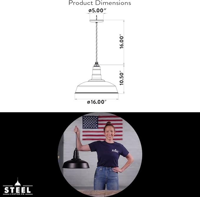 Steel Lighting Co. Carson Barn Light | Ceiling Mounted Pendant | 16 inch Dome | White Cord | Industrial Style Steel Light Made in America | White Exterior/White Interior