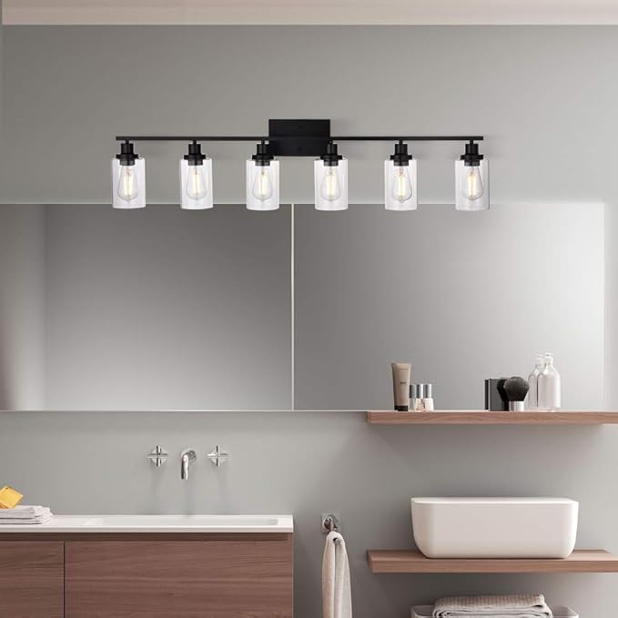 MELUCEE Black Vanity Light Fixture 6-Light Industrial Metal Wall Sconce Bathroom Lighting for Bedroom Hallway Kitchen, Clear Glass Shade Included (Patent No.: US D963914 S)