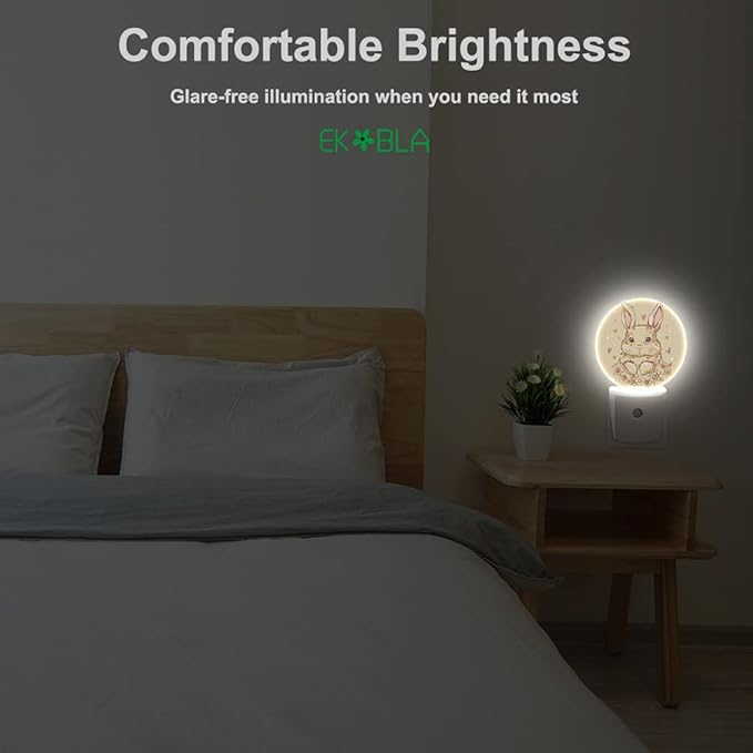 EKOBLA Easter Bunny Night Light Cute Animal Rabbit Hare with Butterfly Boho Plug-in Nightlights Auto Sensor Energy Efficient LED Lamp for Boy Girl Gifts