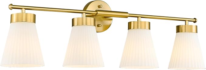 Bathroom Light Fixtures Brushed Gold, HWH 4 Light Vanity Lights Over Mirror, Modern Wall Lamp Bathroom Lighting with Frosted White Striped Glass, 5HZG97B-4W BG