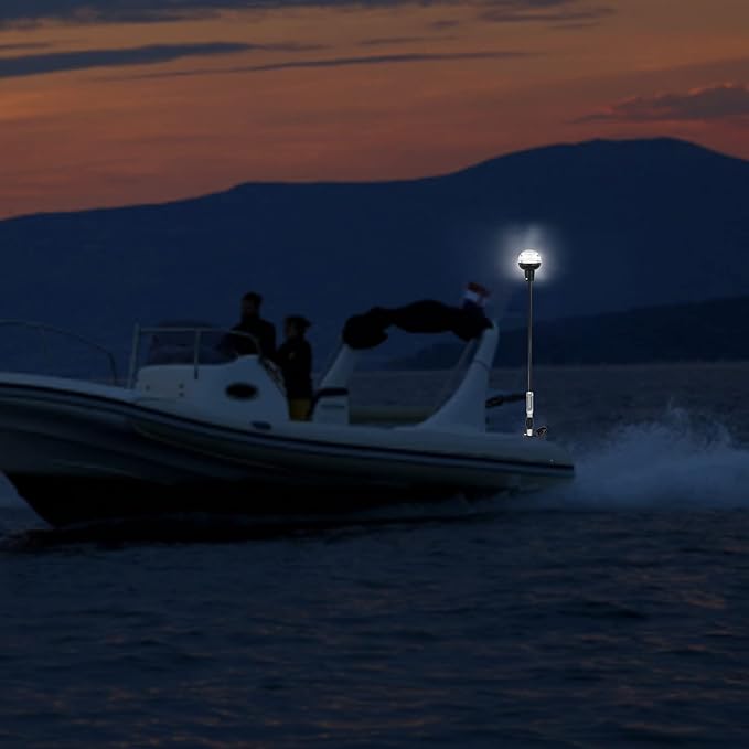 Boat Stern Light Anchor Light LED Marine Navigation Lights Spring Flexible Pole All Round White USCG 2 NM Removable 2 Pin Plug In with Threaded Base 12 Volts 36 Inches (Glass Fiber Pole)