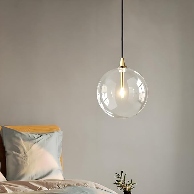 Minimalist Transparent Glass Ball Pendant Light in Gold Finish, Height Adjustable G4 LED Ceiling Haning Light for Dining Room & Living Room (25CM)