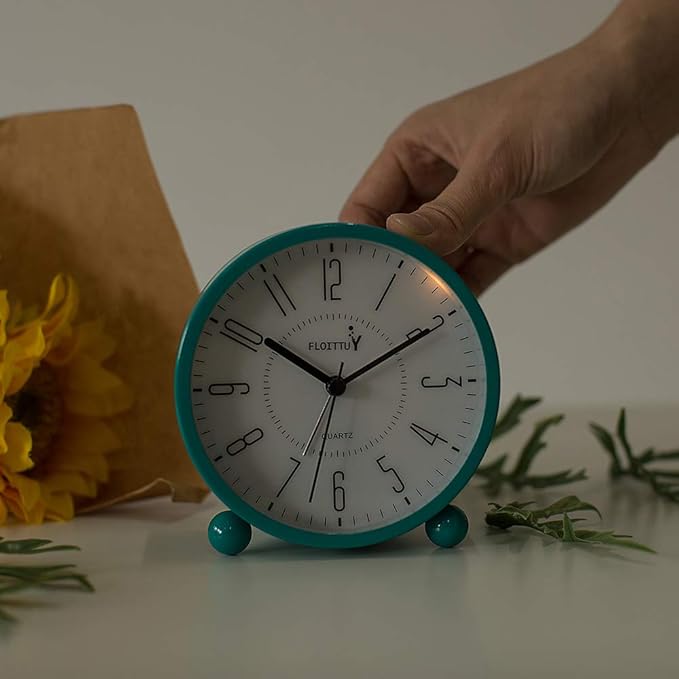 Super Silent Metal Alarm Clock,Beep Wake Round Alarm Clock with Night Light,Battery Operated,Easy Set,Simple & Retro for Desk, Bedroom and Home Decoration(Lake Blue)