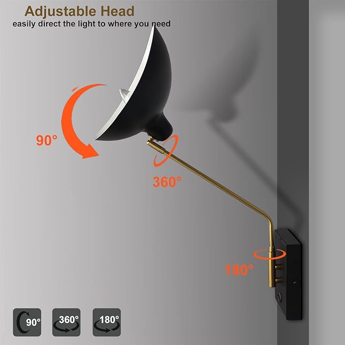 CLAXY Plug in Wall Sconce Swing Arm Wall Light Matte Black with USB Charge Port-Set of 2, Plug in or Hardwired Wall Mounted Lights for Bedroom Reading Room Living