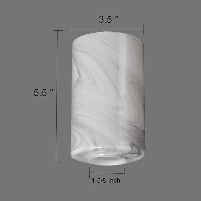 2 Pack White Marble Glass Cylinder Lamp Shade with 1 5/8 inch Fitter, Light Fixture Replacement Globe Cover for Chandelier, Wall Sconce, G0083