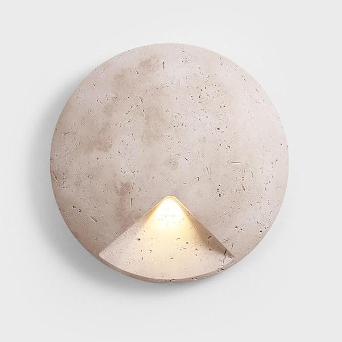 Modern Minimalist Round Natural Yellow Travertine Wall Sconce,Round Flush Mount LED Light,Thin Flat Decorative Wall Lamp,Indirect Ambient Fixture for Bedroom,Living Room,Hallway,Bedside,Entryway
