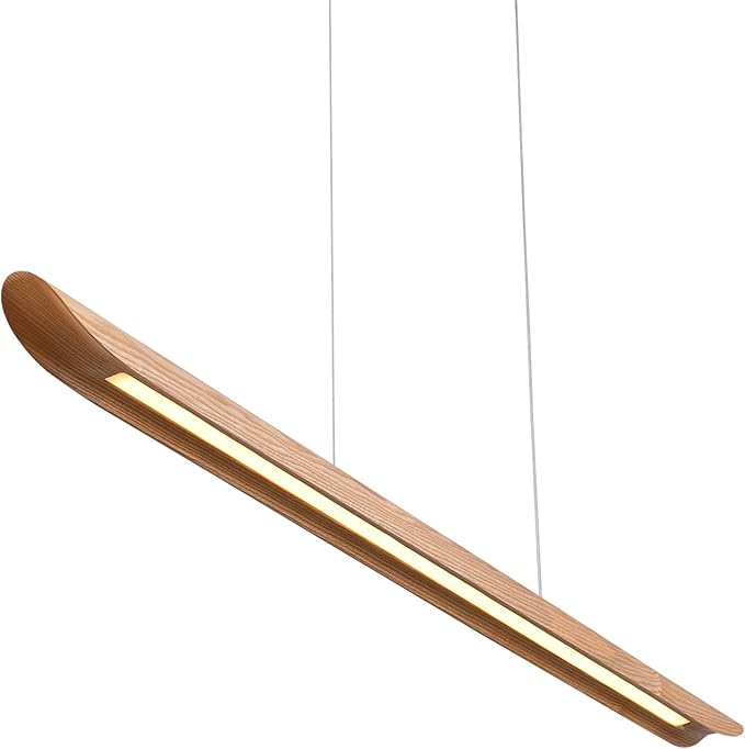55" Wood Linear Pendant Light, Dimmable Kitchen Island Light with Remote, 40W LED Island Lights for Kitchen, Adjustable Linear Chandelier for Dinning Room Light Fixture, Bar, Pool Table Light Natural