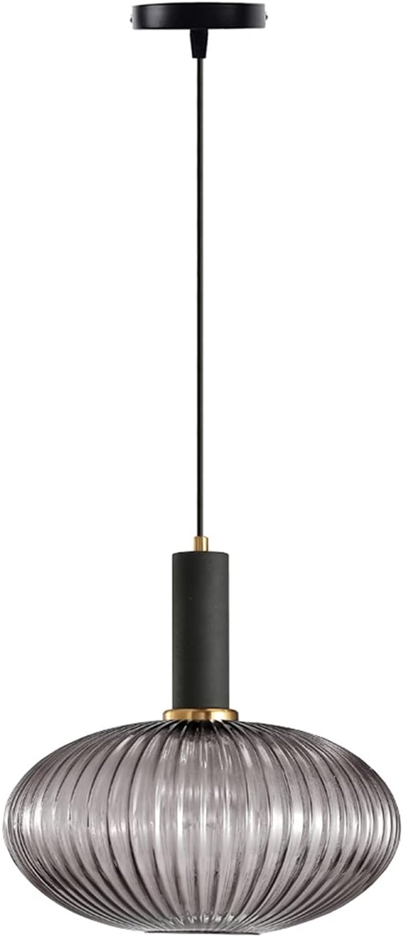 Pendant Light Black Lamp Holder and Glass Striped Light Shade Modern Pendant Lighting for Kitchen Island Farmhouse Hanging Lights Fixtures (L, Grey)