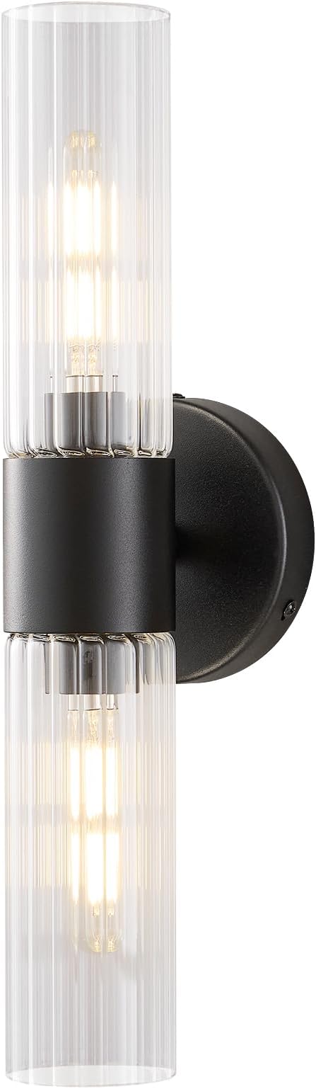 Bathroom Light Fixtures 2-Light, Modern Vanity Light for Bathroom, Wall Sconce, Bath Light with Glass Rods Shades for Mirror Bedroom Hallway (Black)