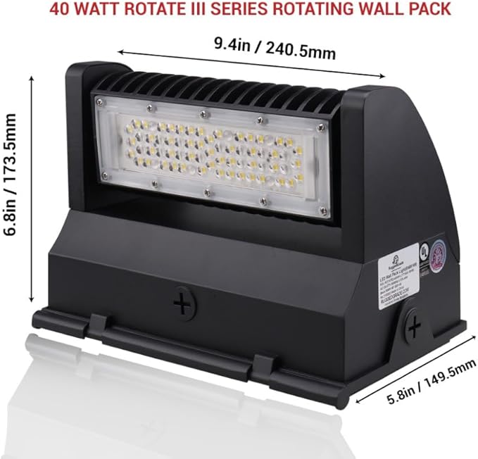 RuggedGrade 40W - Rotate III Series LED Wall Pack - 5,600 Lumens - 4000K Natural White - High Efficiency 140 Lumen per Watt - Outdoor LED Wall Light - Black Housing - DLC 5.1 Premium